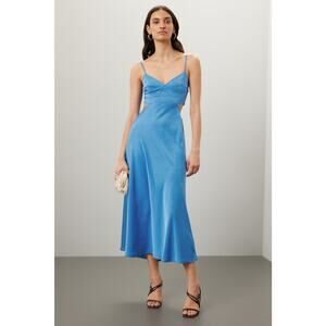 ALC Blakely Satin Maxi Dress Blue Side Cutouts Smocked‎ Sleeveless Sz 6